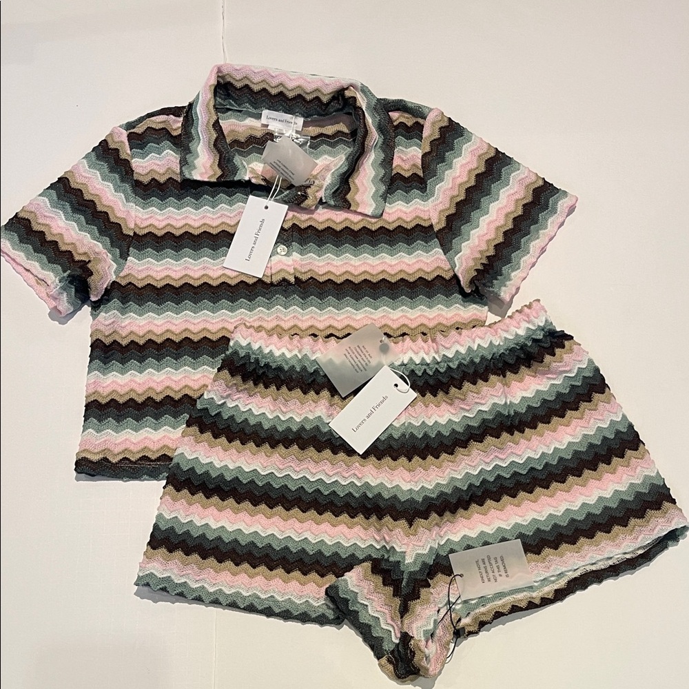 Lovers and Friends Nettie Set Sage Multi Zigzag Knit Polo Top and Shorts Set S - Picture 2 of 5